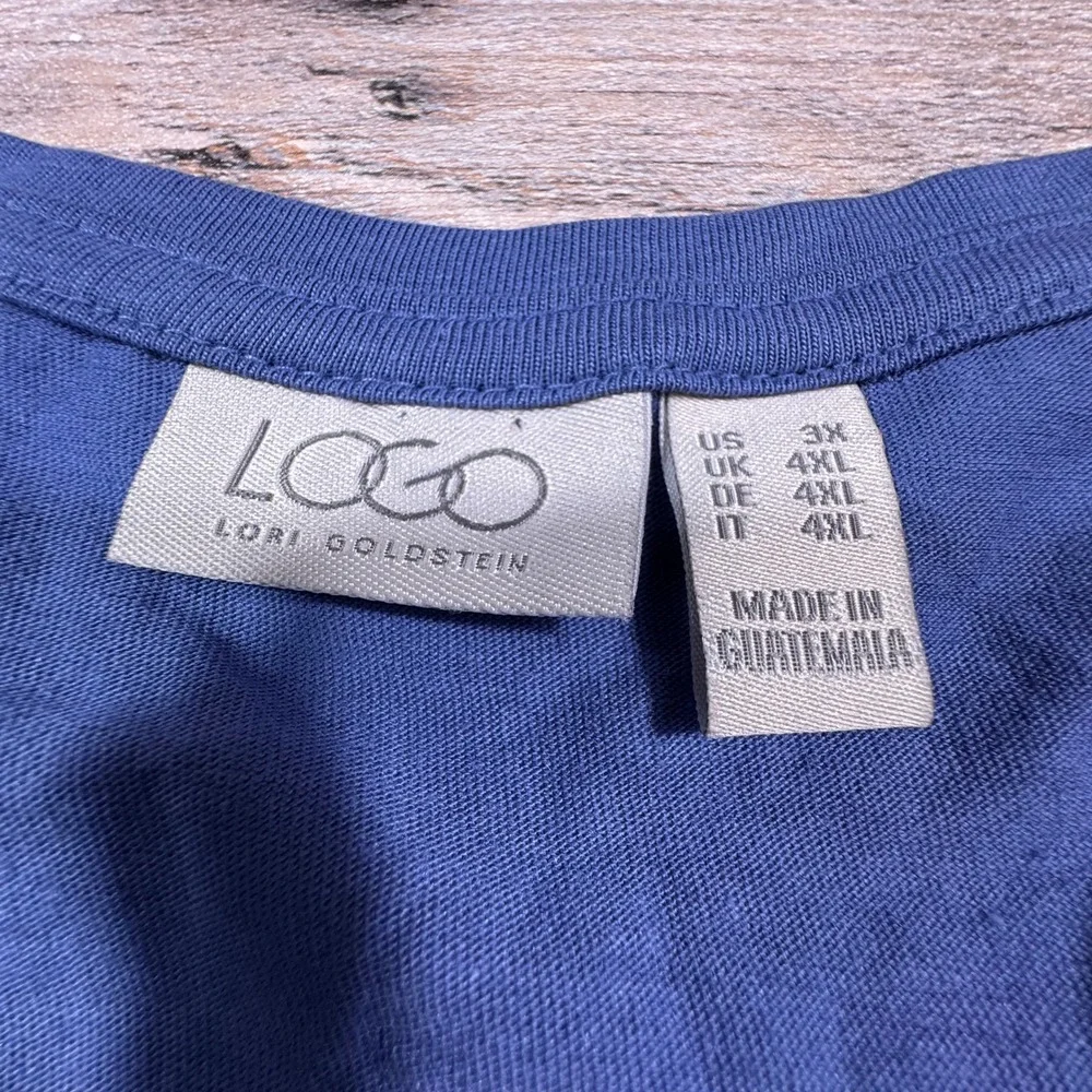 LOGO Lori Goldstein‎ Top 3X Blue V-Neck Sharkbite Hem Peplum Long Sleeve